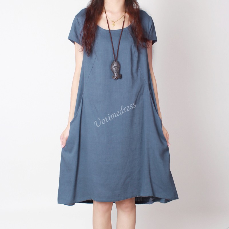Blue Summer Women Cotton Linen Dress Tunic Loose Short Skirt