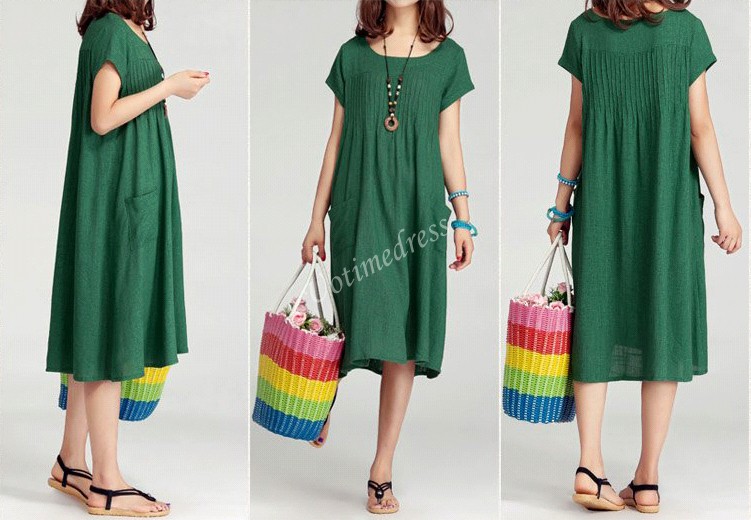 Grass Green Women Cotton Linen Long Dress Casual Skirt 2015 Summer ...