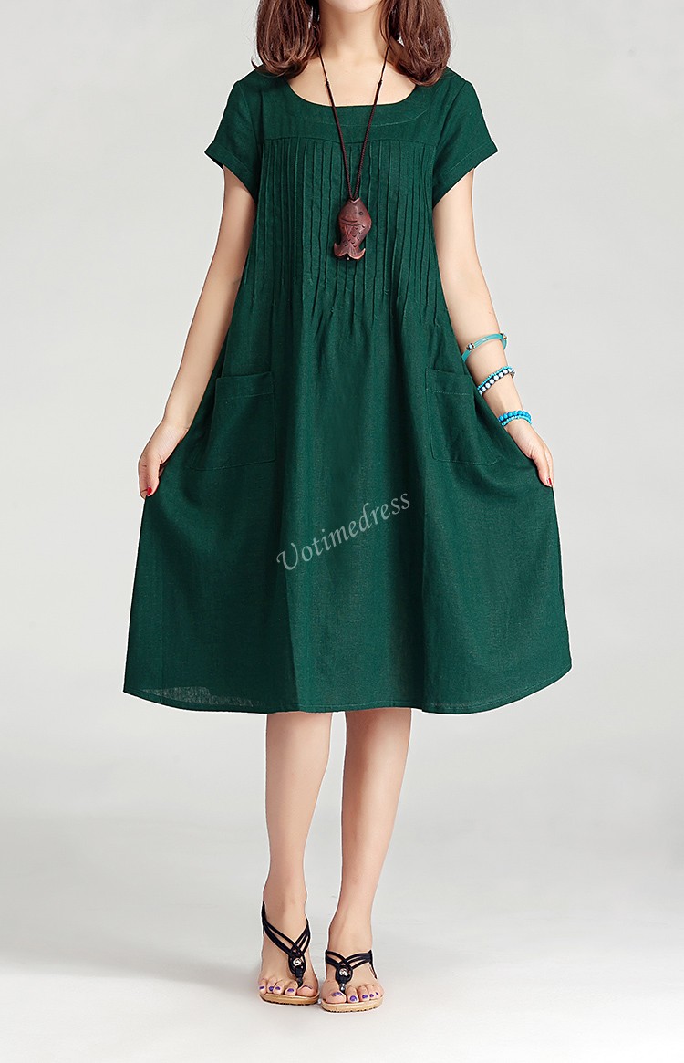 Dark Green Women Cotton Linen Long Dress Casual Skirt 2015 Summer Dress