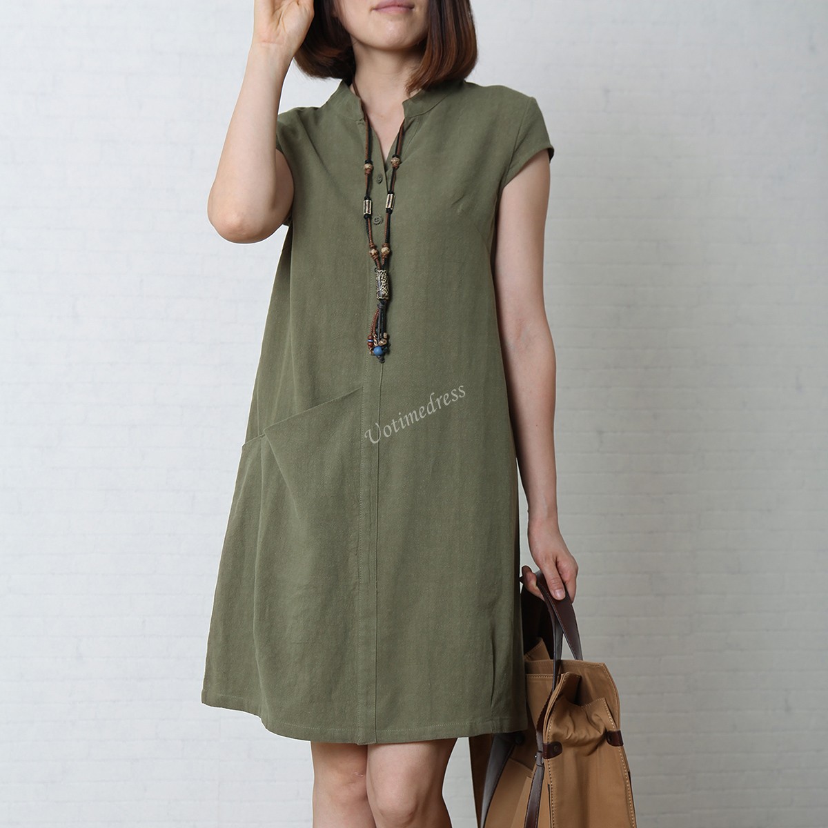 Green Women's Sundress Loose Cotton Linen Dress V-Neck 4 Colors