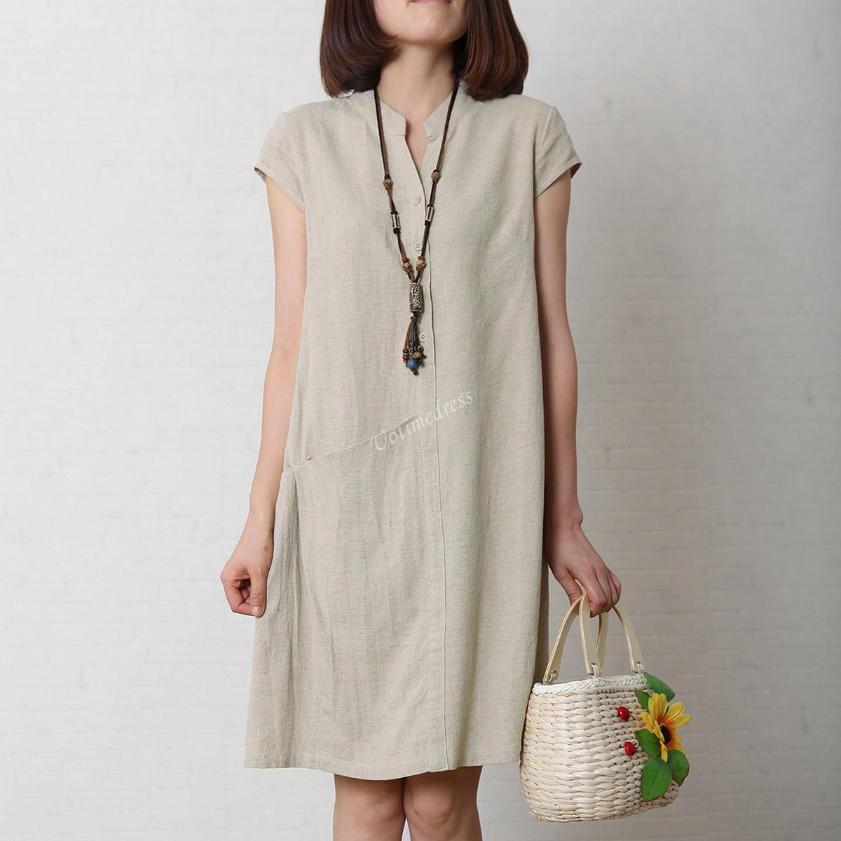Rice Women's Sundress Loose Cotton Linen Dress V-neck 4 Colors