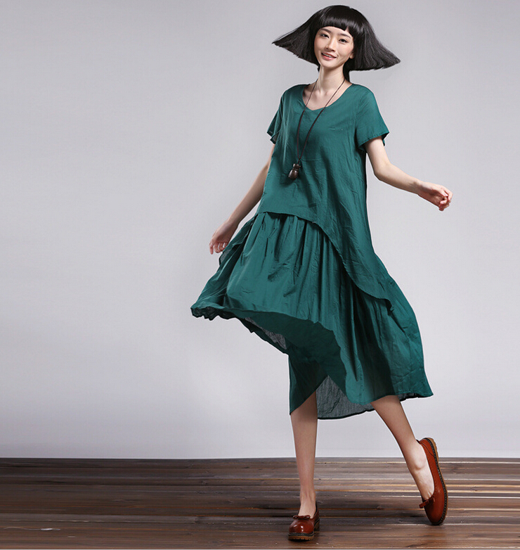Green Women Casual Maxi Long Dress Loose Cotton Skirt