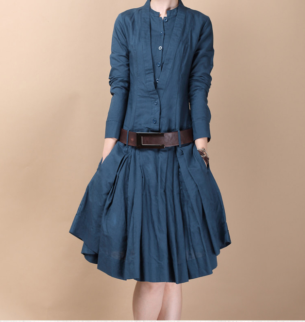 5 Colors Women Shirt Skirt Casual Long Dress Blue