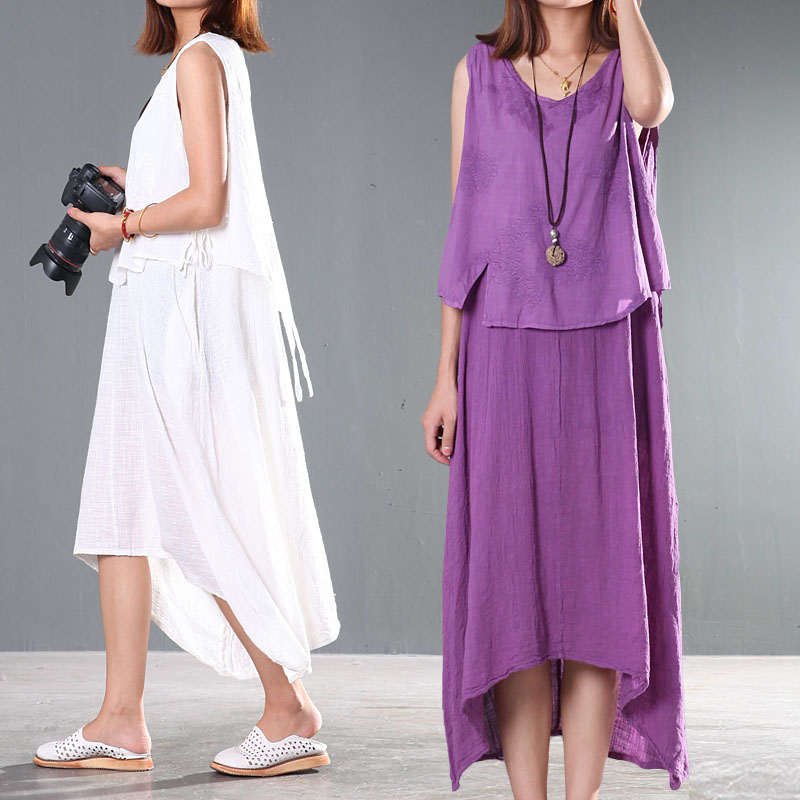 Two Layers Women Maxi Long Skirt Sleeveless Sundress Purple / White 