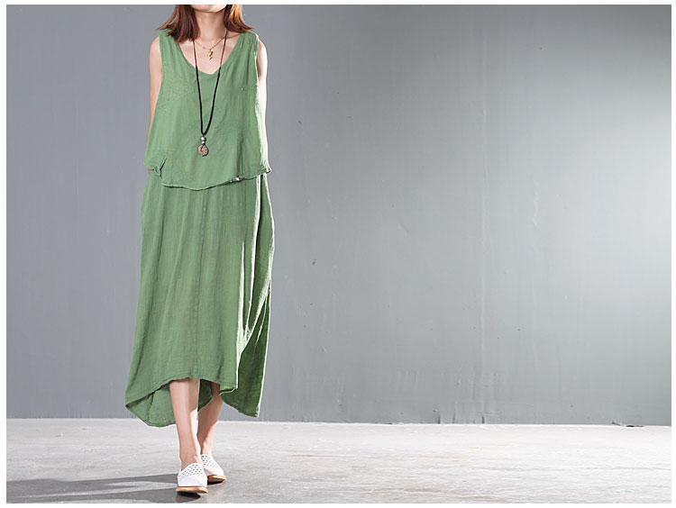 Two Layers Women Maxi Long Skirt Sleeveless Sundress Green 