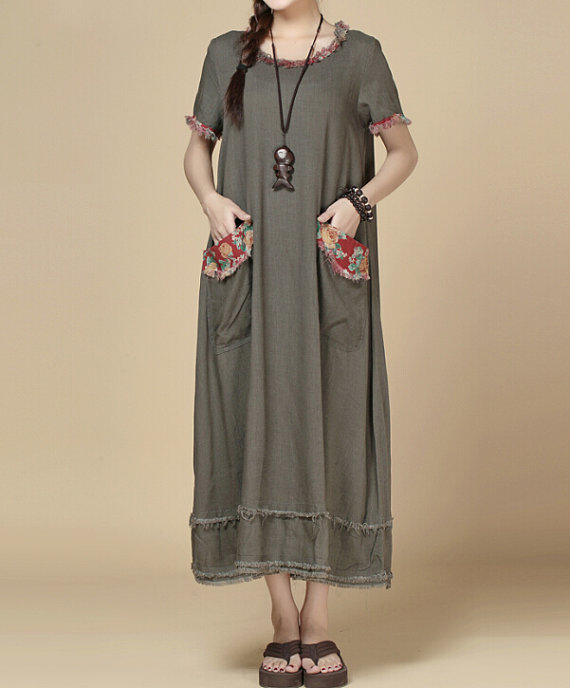 oversize Loose Maxi Dress Khaki/fuchsia Long Dress