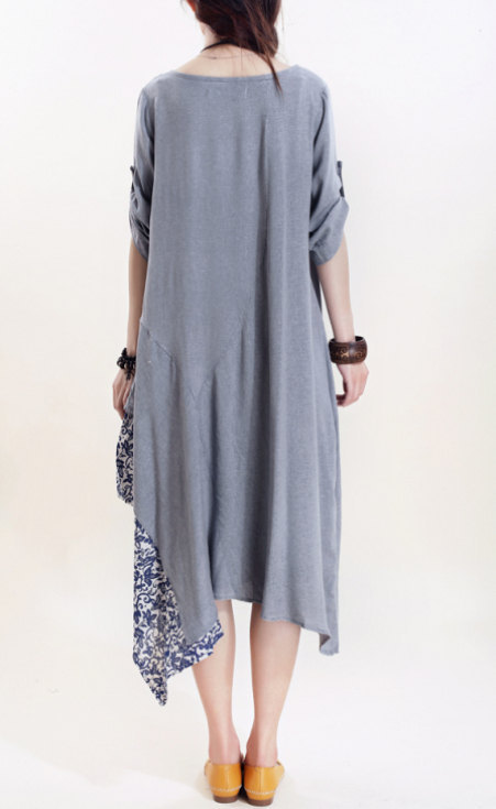 Women Cotton Long Dress Loose Asymmetric Dress on Luulla