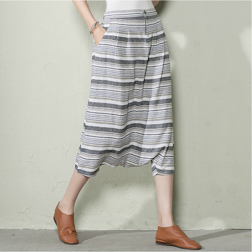 Women Haroun Pants Plus Size Summer Cotton Pants Coffee Stripe