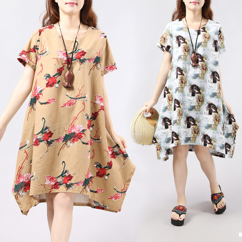Asymmetric Summer Skirt Loose Floral Cotton Fashion Dress