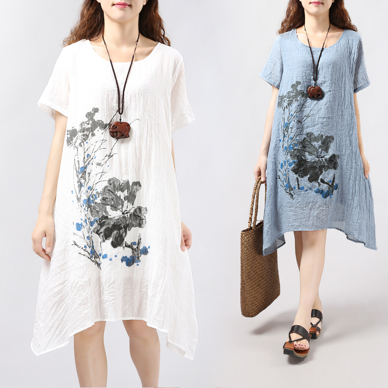 Blue / White Asymmetric Summer Linen Skirt Ink Loose Sundress