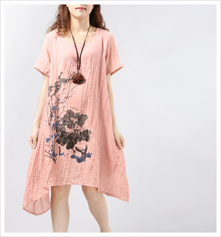 Pink Asymmetric Summer Linen Skirt Ink Loose Sundress