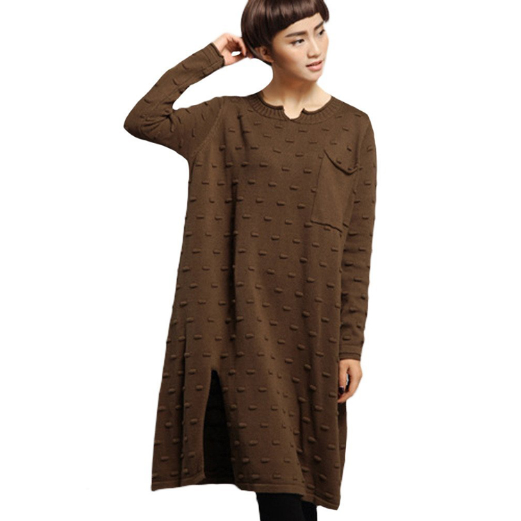Women's Knitted Long Sleeves Side Slit Sweater Dress with A Pocket 