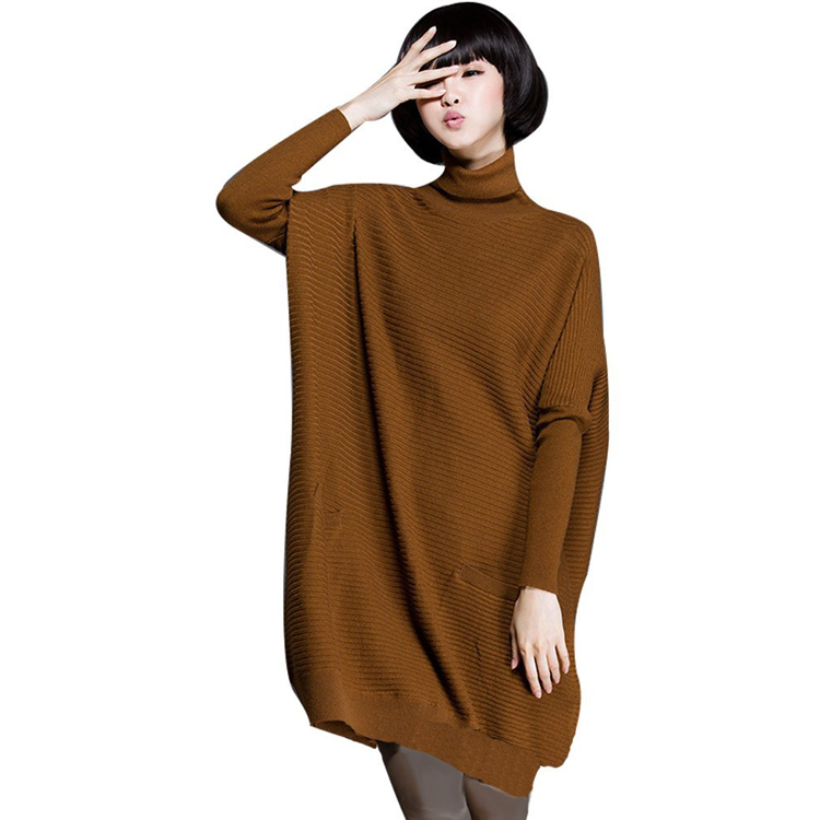 Women's New Loose Fit High Collar Ribbed Sweater Pullover with Pockets