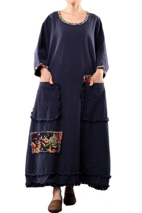 Women's Long Sleeve Cotton Linen Dress Oversize Clothing