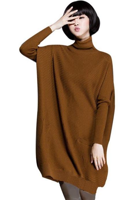 Women's New Loose Fit High Collar Ribbed Sweater Pullover with Pockets