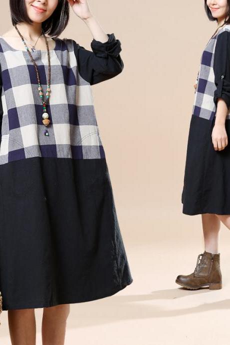 Women Large Size Cotton Linen Tops Grid Lond Dress Chic Blouse