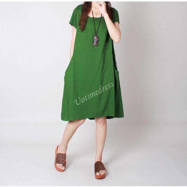 Fruit Green Summer Women Cotton Linen Dress Tunic Loose Short Skirt